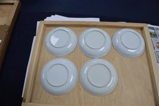 A set of six Chinese rouge de fer chicken tea bowls and five saucers, 18th / 19th century, saucers 11.5cm, minor damage